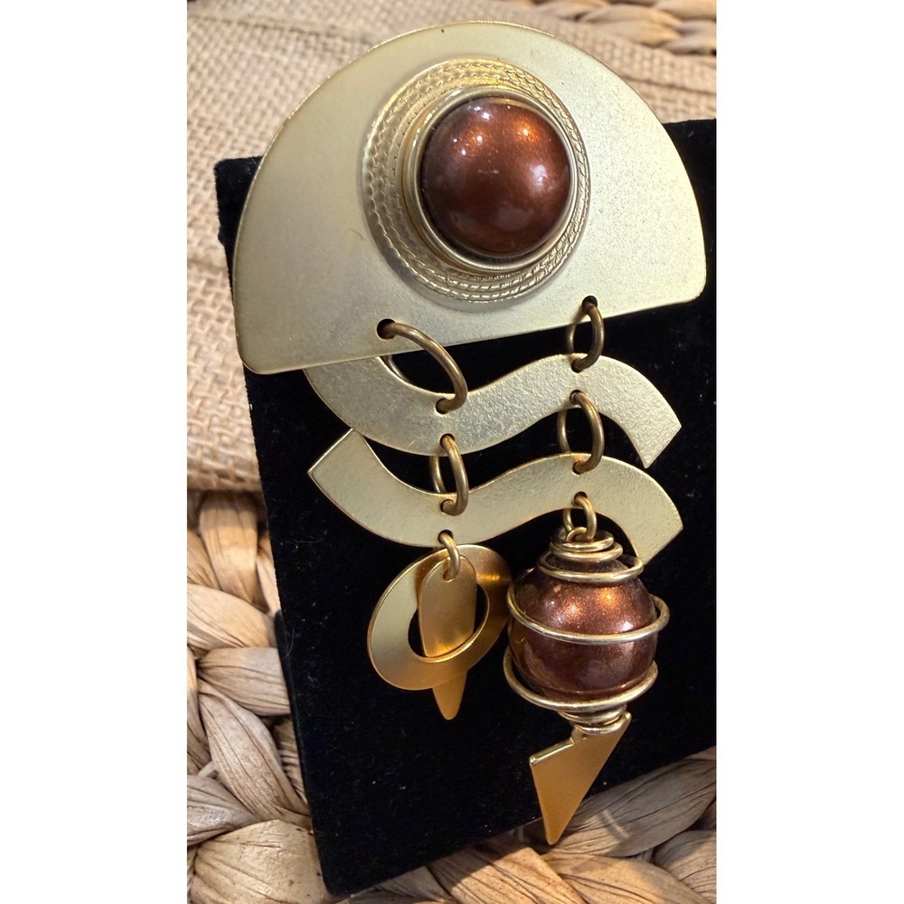 Vintage 80s Memphis Milano Style Geometric Matte Gold Statement Brooch Pin - Picture 3 of 6